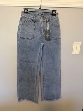 Flaningals  Wash Raw Hem Flap Pocket Wide Leg mid Rise Jeans